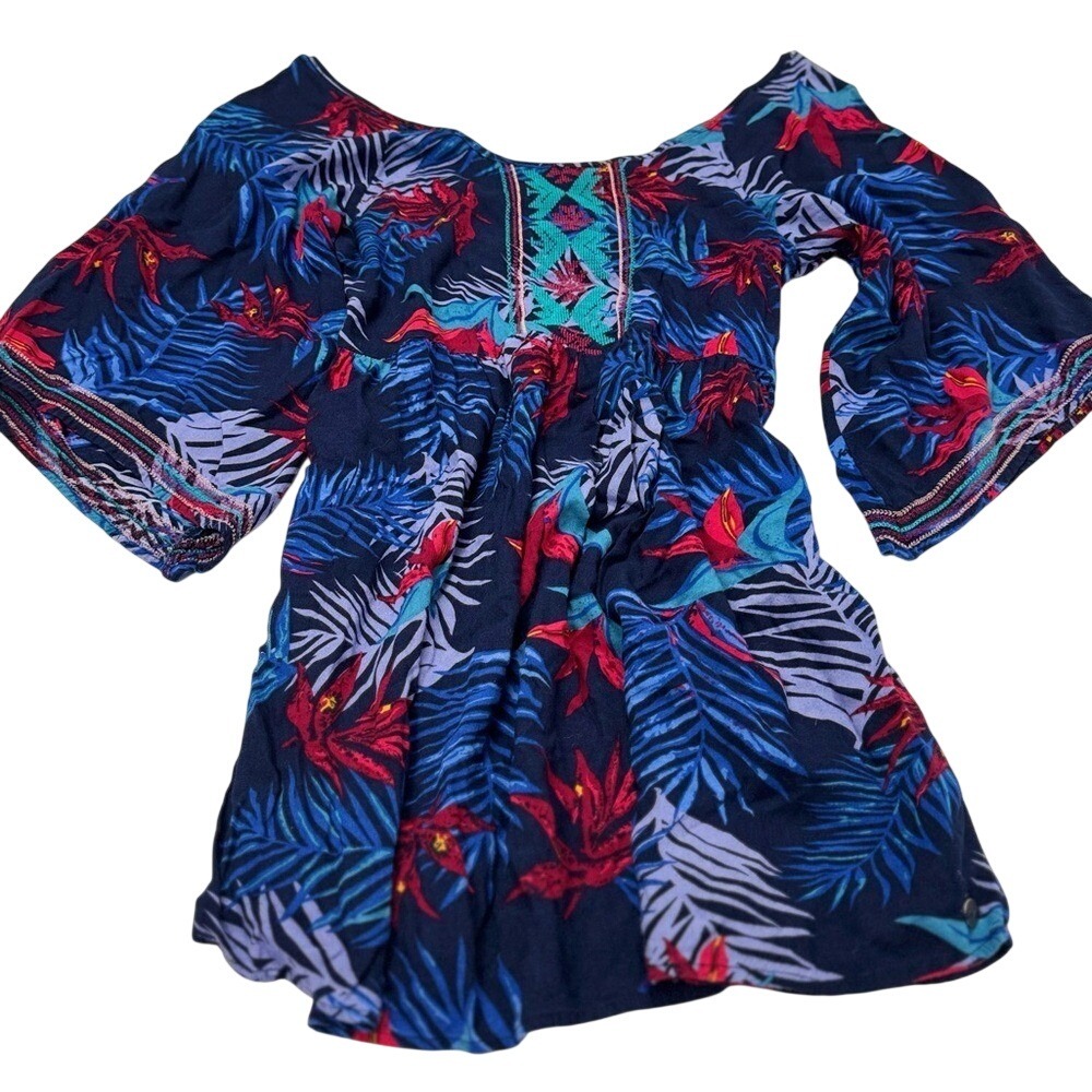 Roxy Tropical Print Boho Tunic Top Mini Dress Styled Embroidered Festival Blouse